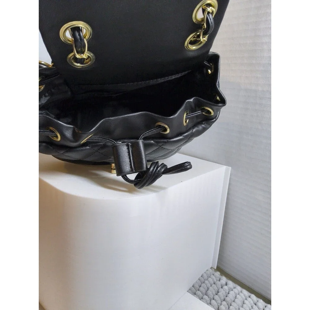 Badgley Mischka Black Quilted Micro Mini Backpack Vegan Leather Dual Straps Adj
